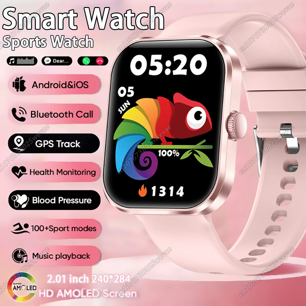 

Модные умные часы для мужчин, 2,01 дюйма, AMOLED, сенсорный экран, Bluetooth, звонки, монитор сердечного ритма, монитор здоровья, женские спортивные умные часы для женщин