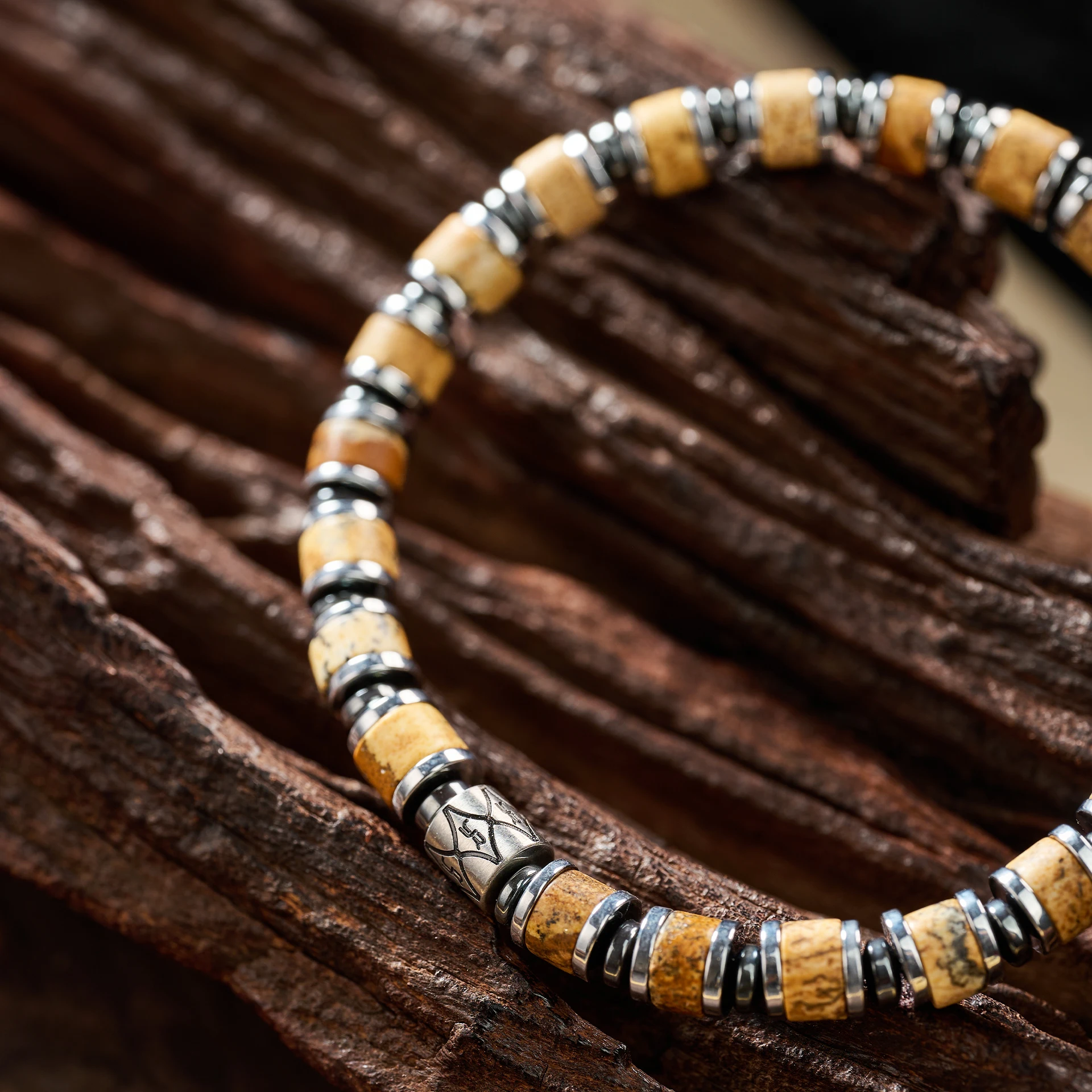 Natural Picture Stone Beaded Bracelet - Handmade Bohemian Healing Crystal Jewelry, Unisex Vintage Daily Wear Gemstone Bracelet