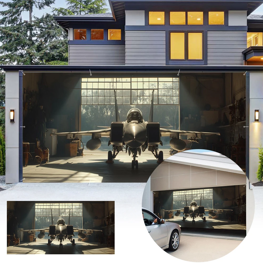 Large Model Airplane Garage Door Banner For Outdoor Decoration Airplane Warehouse Aviation Model Garage Door Backdrop With Holes