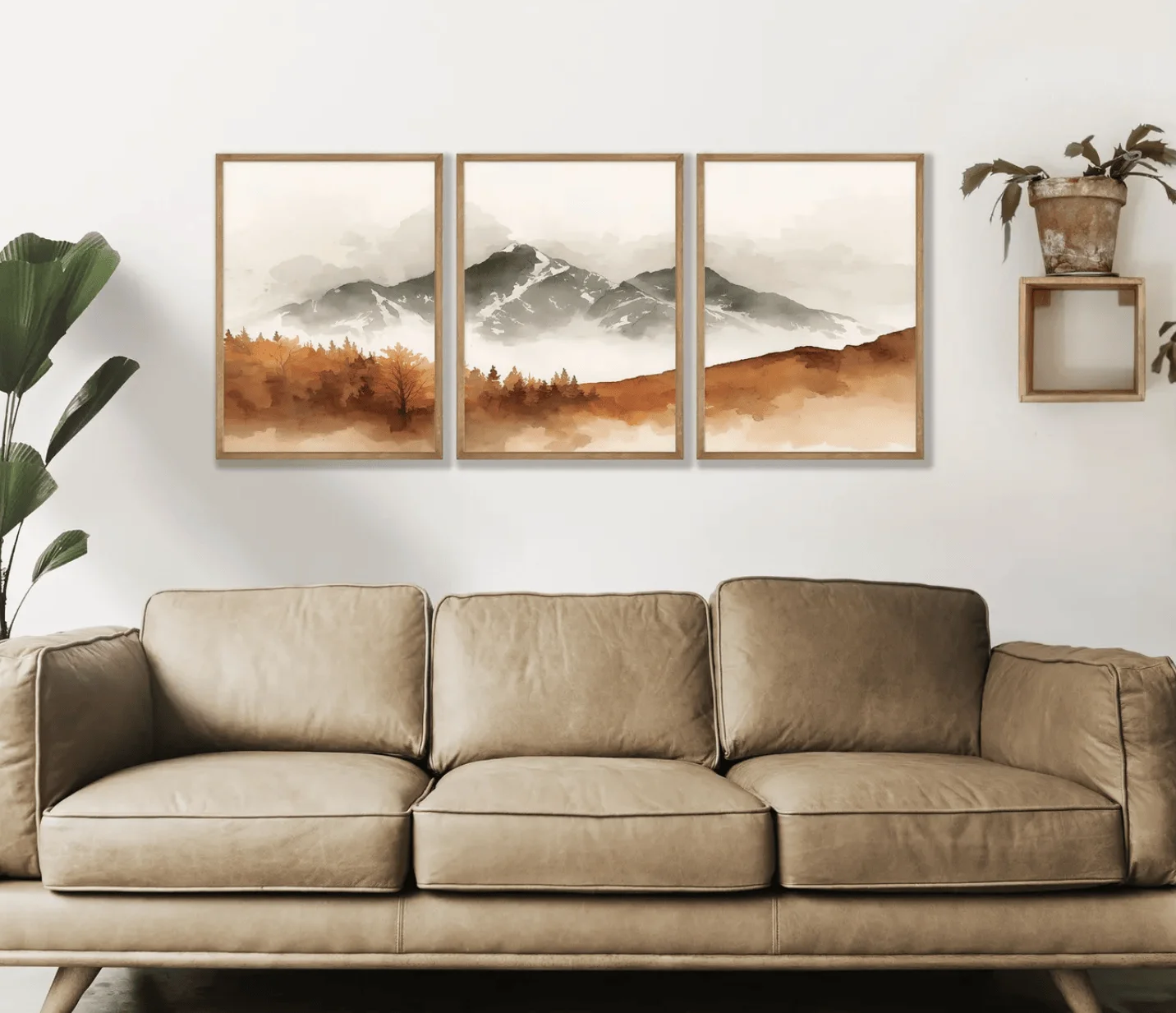 Watercolor Mountain 3 Panels Wall Art Canvas Prints, Misty Autumn Posters, Earth Tone Decor for Living Room Bedroom Decor