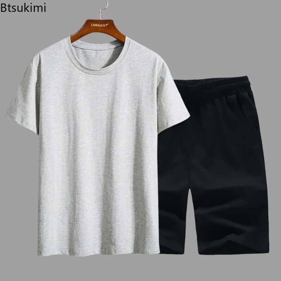 

Summer Pure Cotton Tracksuits Men's Solid Simple Loose Casual Two Pieces Short Sleeved T-shirts and Shorts/Pants 2026 Men's Sets