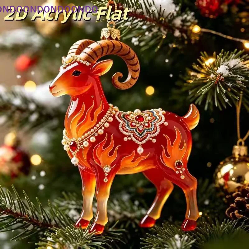 1Pcs Auspicious Red Gold Design 2D Acrylic Chinese Zodiac Goat Hanging Ornament For Spring Festival New Year Home Decoration