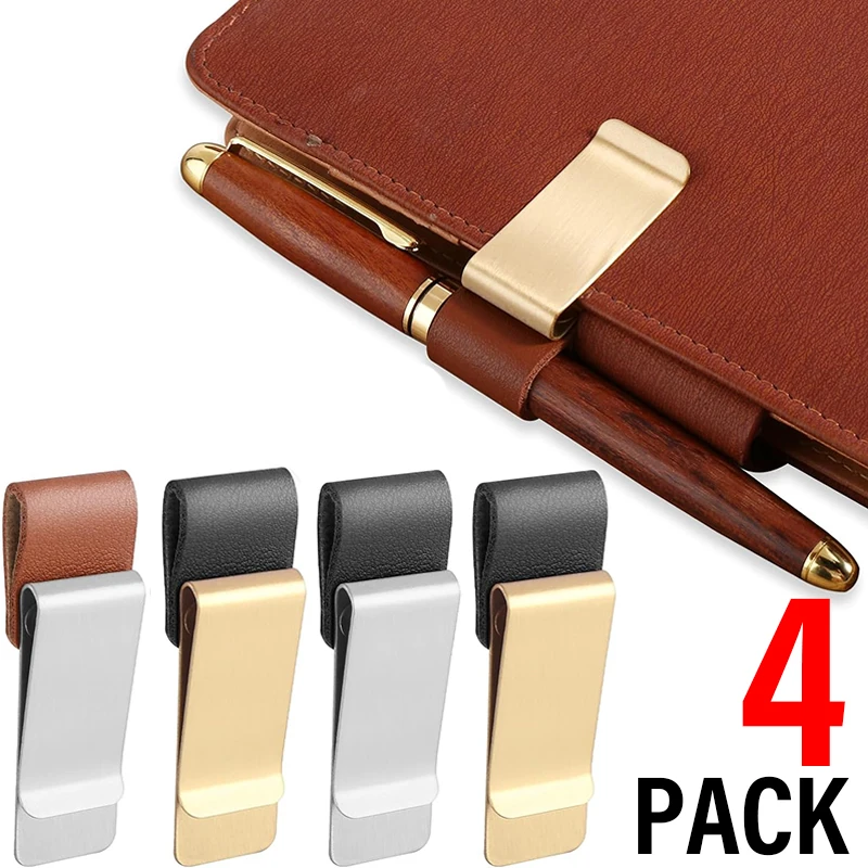 1-4PCS Metal Leather Pen Holder Stainless Steel Pencil Clips Vintage Diary Notebook Pen Holder Mini Loose Leaf Memo Clamp