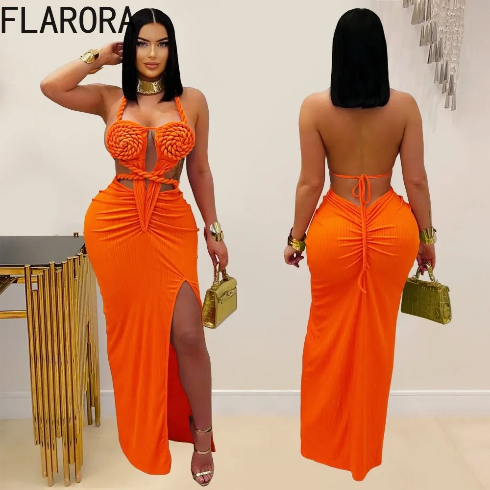 

FLARORA Fancy Knit Halter Dress Woman Hollow Out Backless Side Slit Bodycon Maxi Dresses Summer Beach Vacation Party Vestidos
