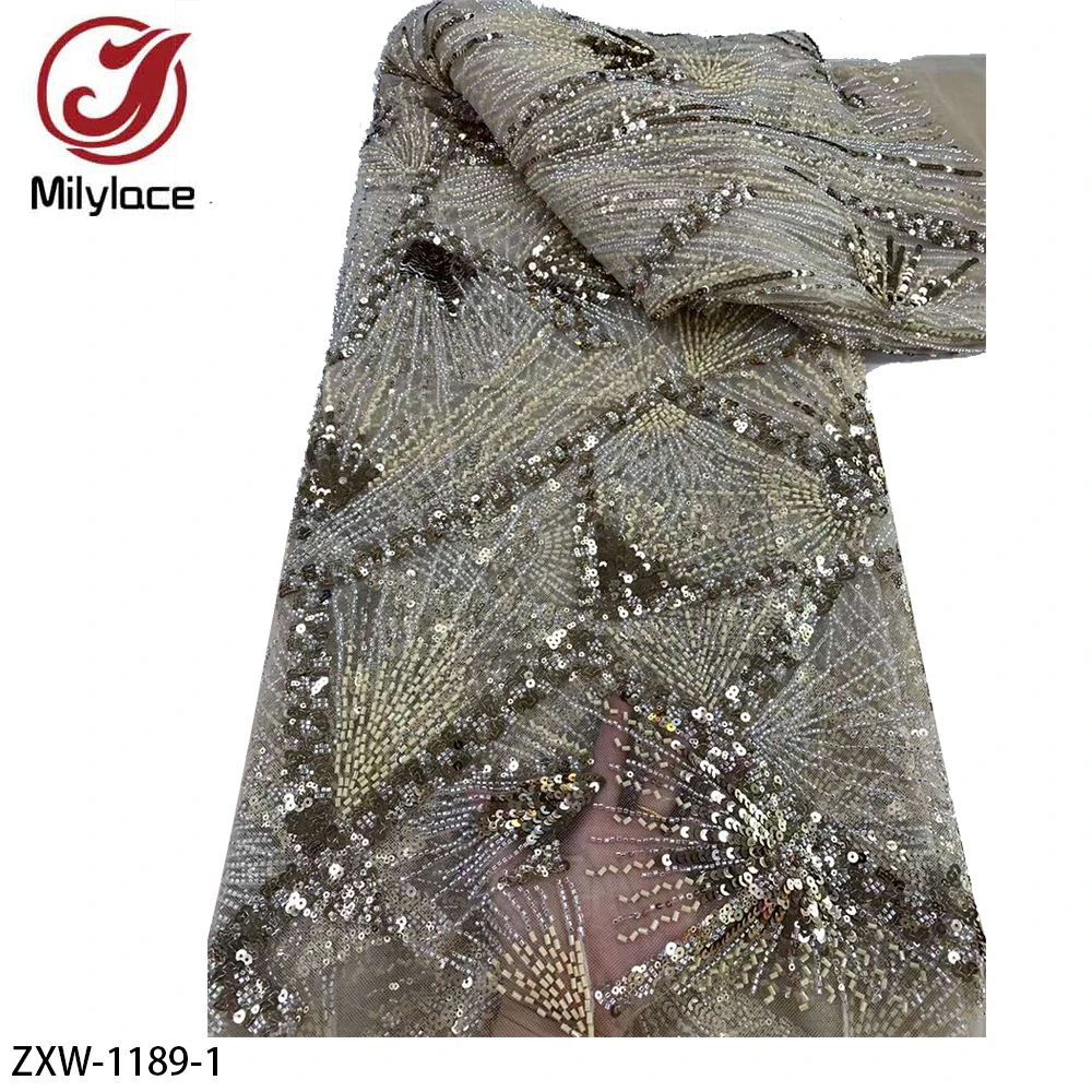 

African Heavy Beaded Lace Fabric Nigerian Sequin Lace for Wedding Party Dress Sewing ZXW-1189