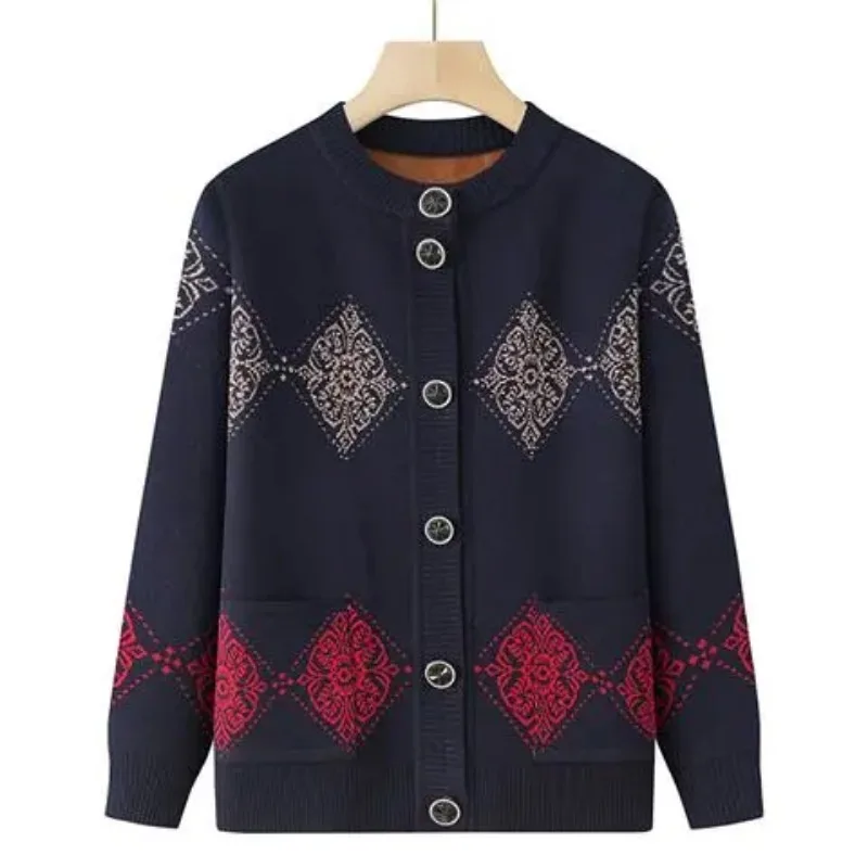 

New Women's Autumn and Winter Spliced round Neck Button Printed Pockets Fashionable Loose Casual Long-sleeved Knitted Cardigan
