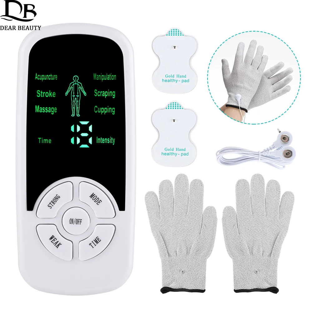 EMS Pulse Electric Muscle Stimulator With Electrode Massage Gloves Digital Meridian Therapy Machine Back Neck Body Massager