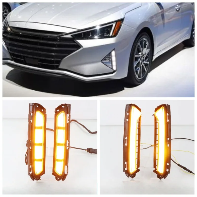 

For Hyundai Elantra 2019 Car Led Daytime Running Lights DRL Yellow Dynamic Turn Signals Front Fog Lights Modified White Daylight