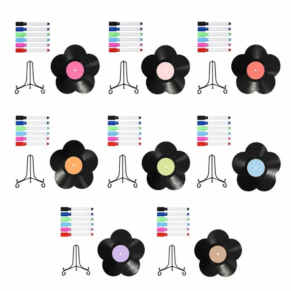 diy-blank-vinyl-records-kit-with-6-whiteboard-pens-with-metal-bracket-acrylic-faux-vinyl-record-flower-shaped-desktop-ornament