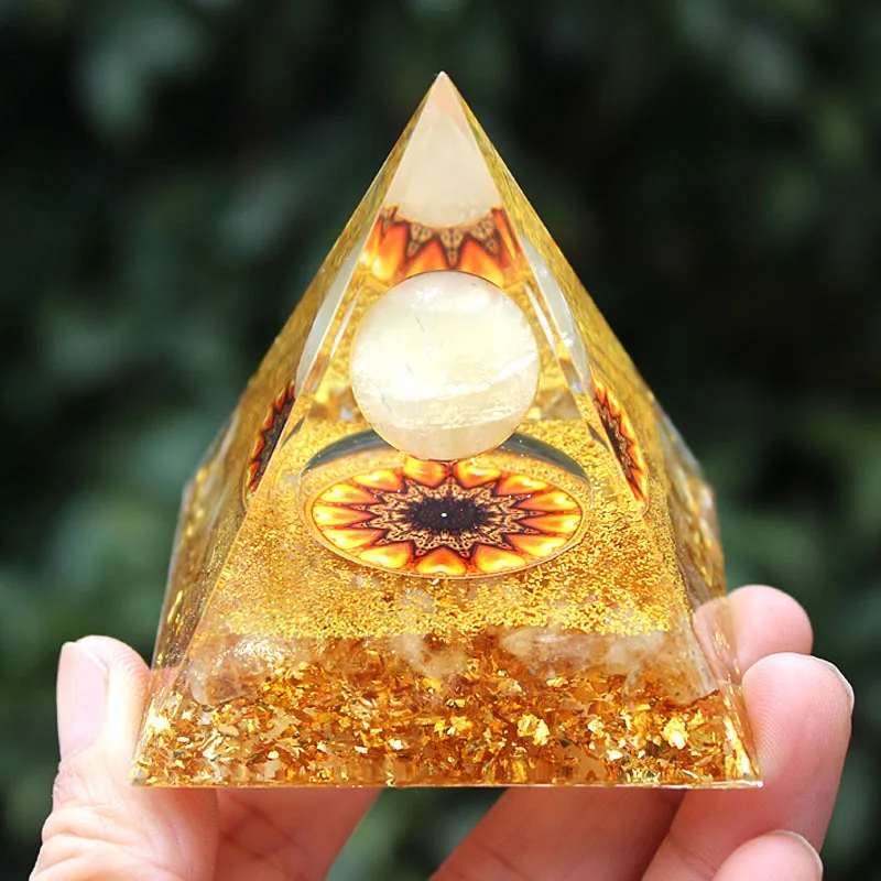 Citrine Chip Crystal Pyramid Resin Crafts, Home Desktop Decorative Ornament for Healing & Luck