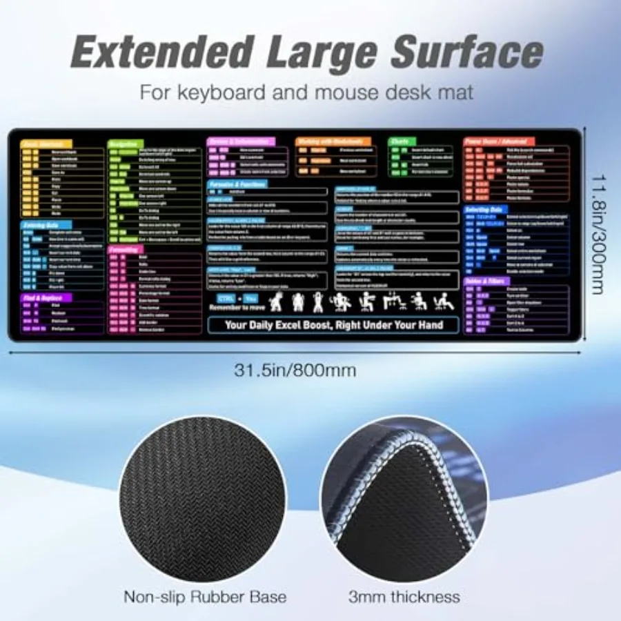 مقاوم للماء Excel Cheat Sheet Desk Pad Excel اختصارات وصيغات لوحة الماوس XL حصيرة مكتبية للوحة المفاتيح والماوس 31.5 × 11.8 بوصة N