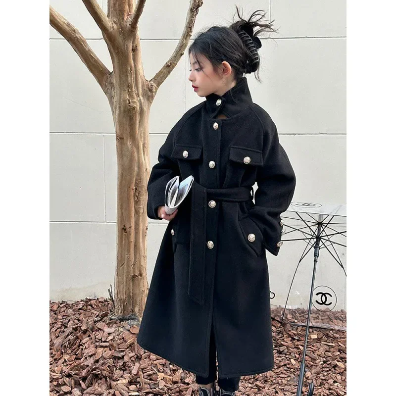 

Teenage Girls Woolen Coat Jacket Overcoat 2024 Black Double-breasted Warm Thicken Winter Cotton Plus Size Children's Clothing