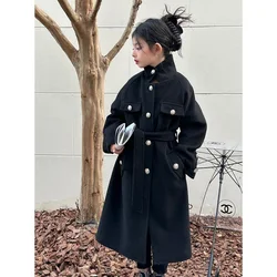 Teenage Girls Woolen Coat Jacket Overcoat 2024 Black Double-breasted Warm Thicken Winter Cotton Plus Size Children's Clothing