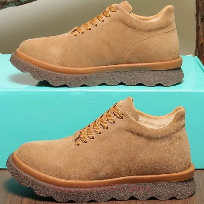 Winter Wool Warm Casual Shoes Men Cow Suede Thick Sole Mid-top Sneakers Genuine Leather Lace-up Fashion Snow Boots Male