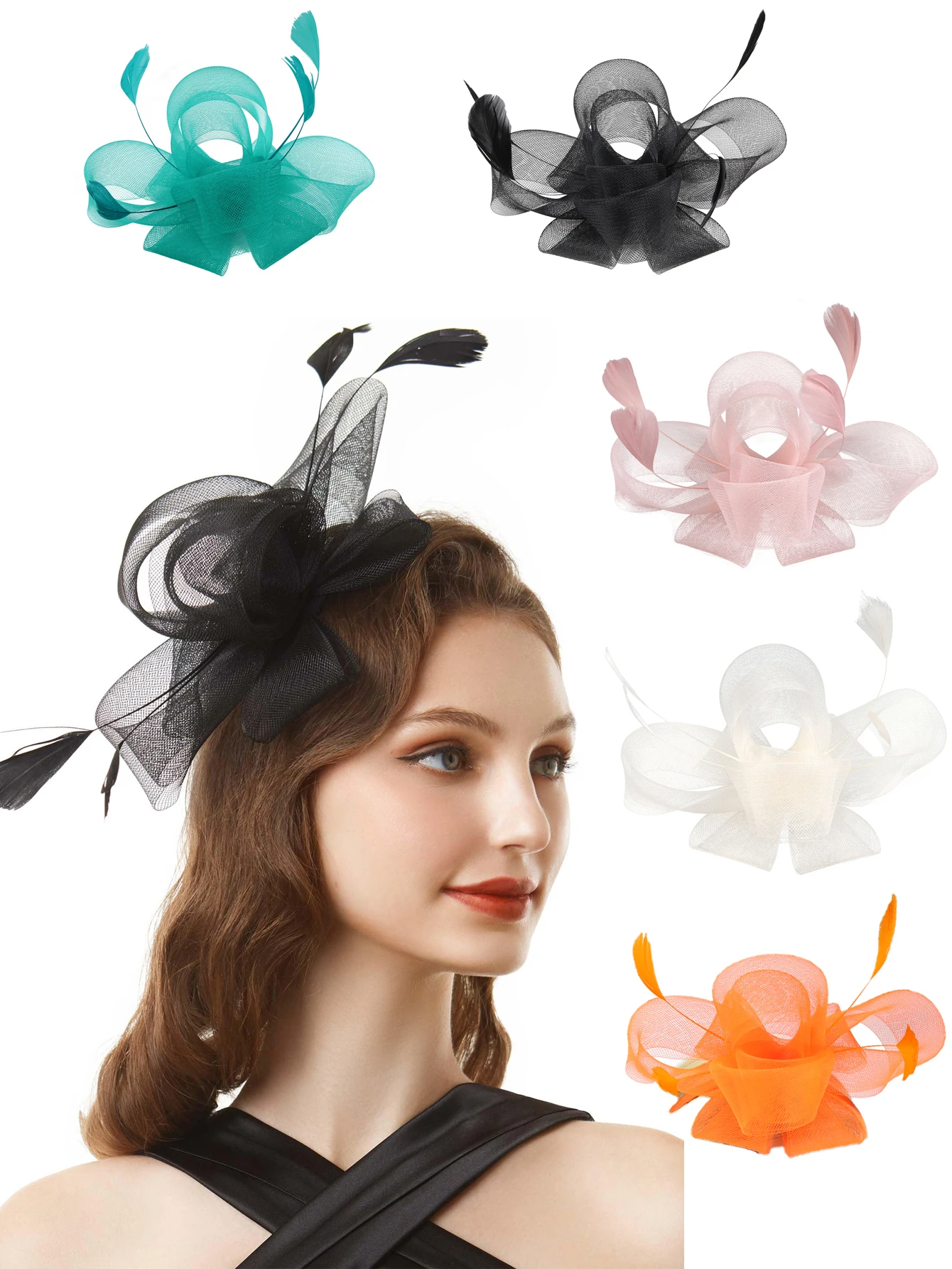 New Bridal Fascinator Bow Hat with Headband and Clips Jockey Feathered Top Hat Wedding Cocktail Tea Party Headpiece for Women