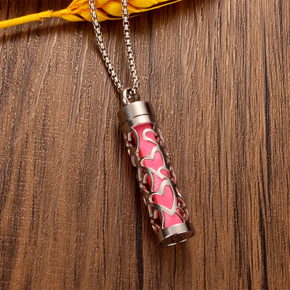 Stainless Steel Hollow Vertical Bar Air Freshener Perfume Oil Diffuser Locket Charm Jewelry Pendant Necklace For Women Men Teen