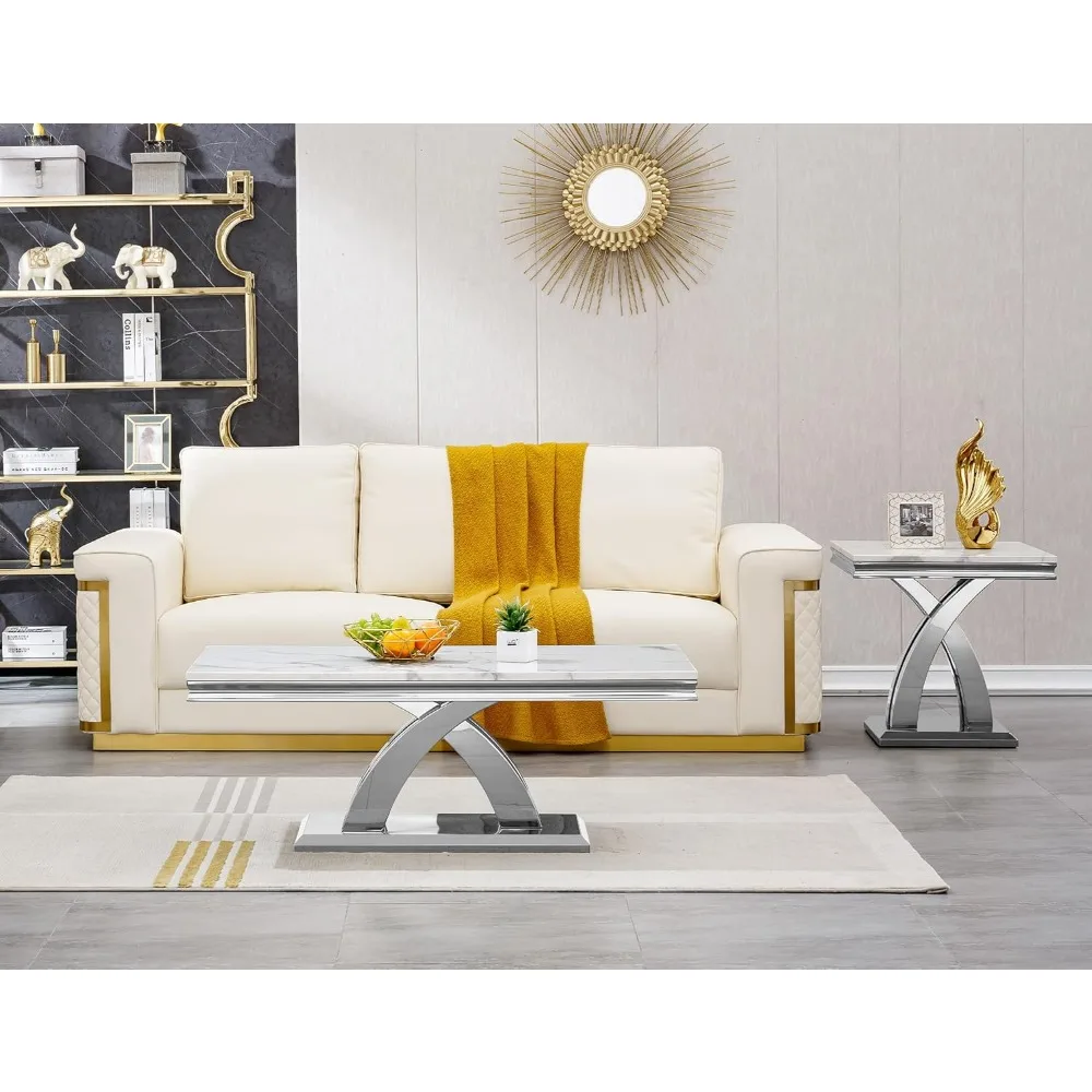 3 Pieces Coffee Table Set, Faux Marble Living Room Table Set of 3, Modern Coffee Table and 2 End Tables with X-Shaped Stainless