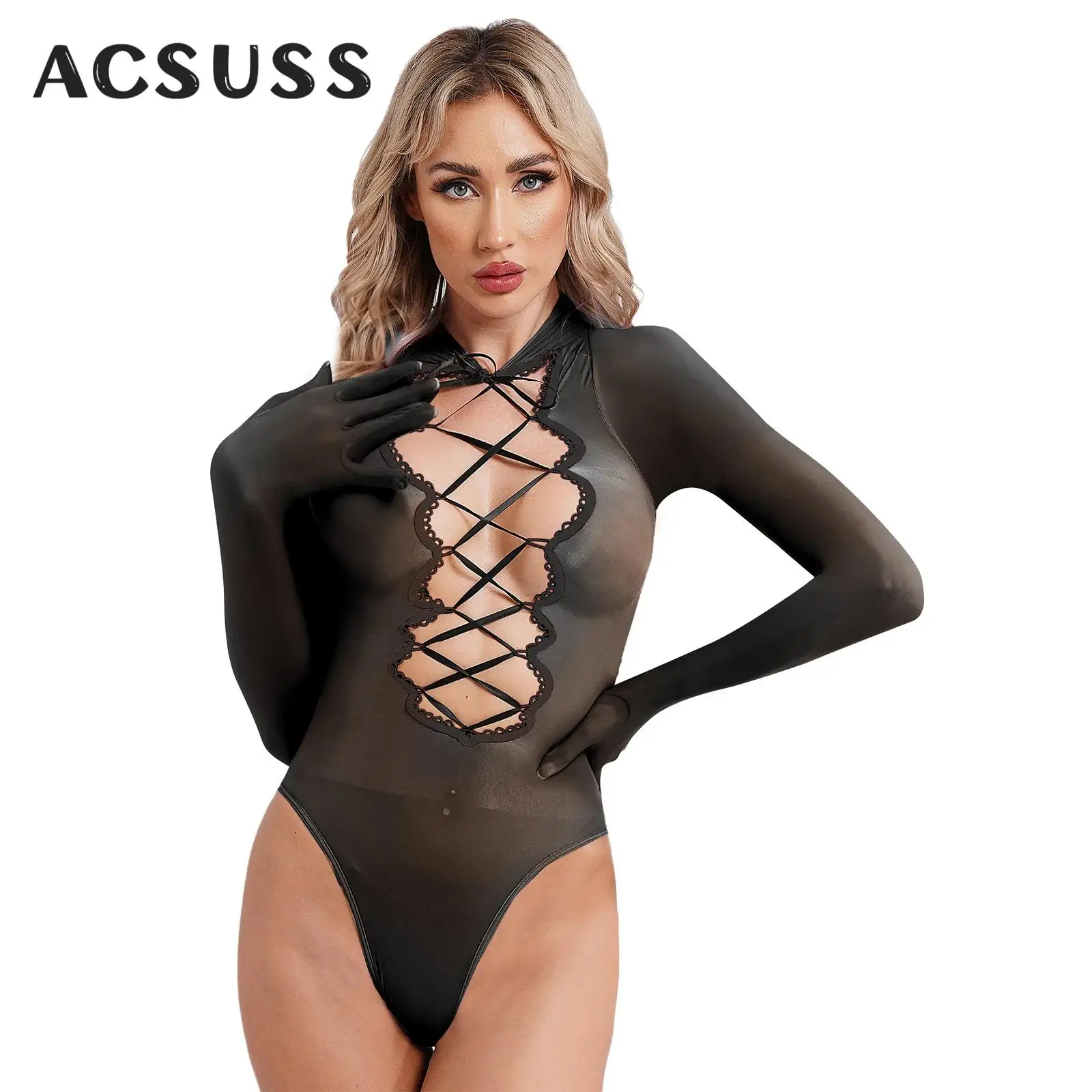 

Women Sexy Sheer Bikini Bodysuit Lace-up Open Crotch Leotard Catsuit Glossy Nightwear Clubwear for Nightclub Rave Dance Party