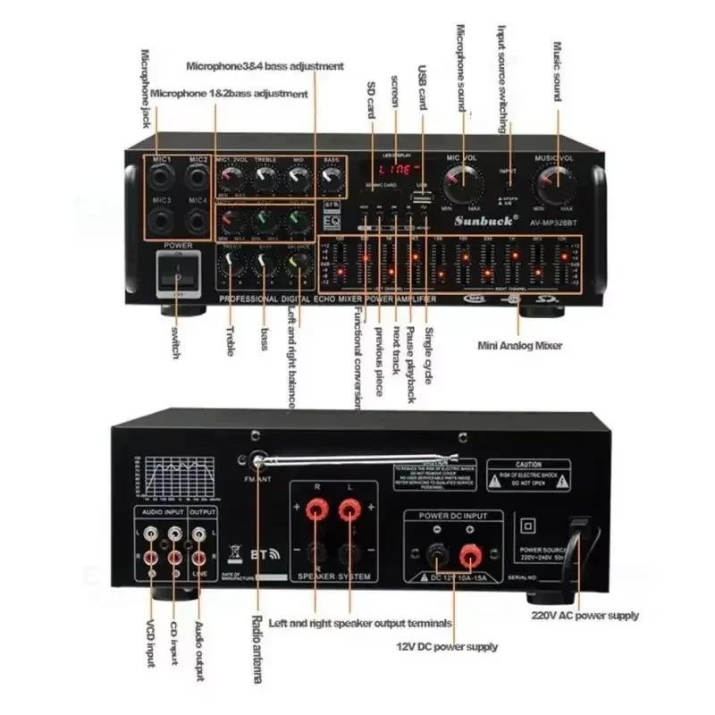 2000W Audio Power HiFi Versterker 326BT 12V/220V AV Amp Luidspreker Met Afstandsbediening voor auto Thuis Ondersteuning Bluetooth 2.0 Kanaals