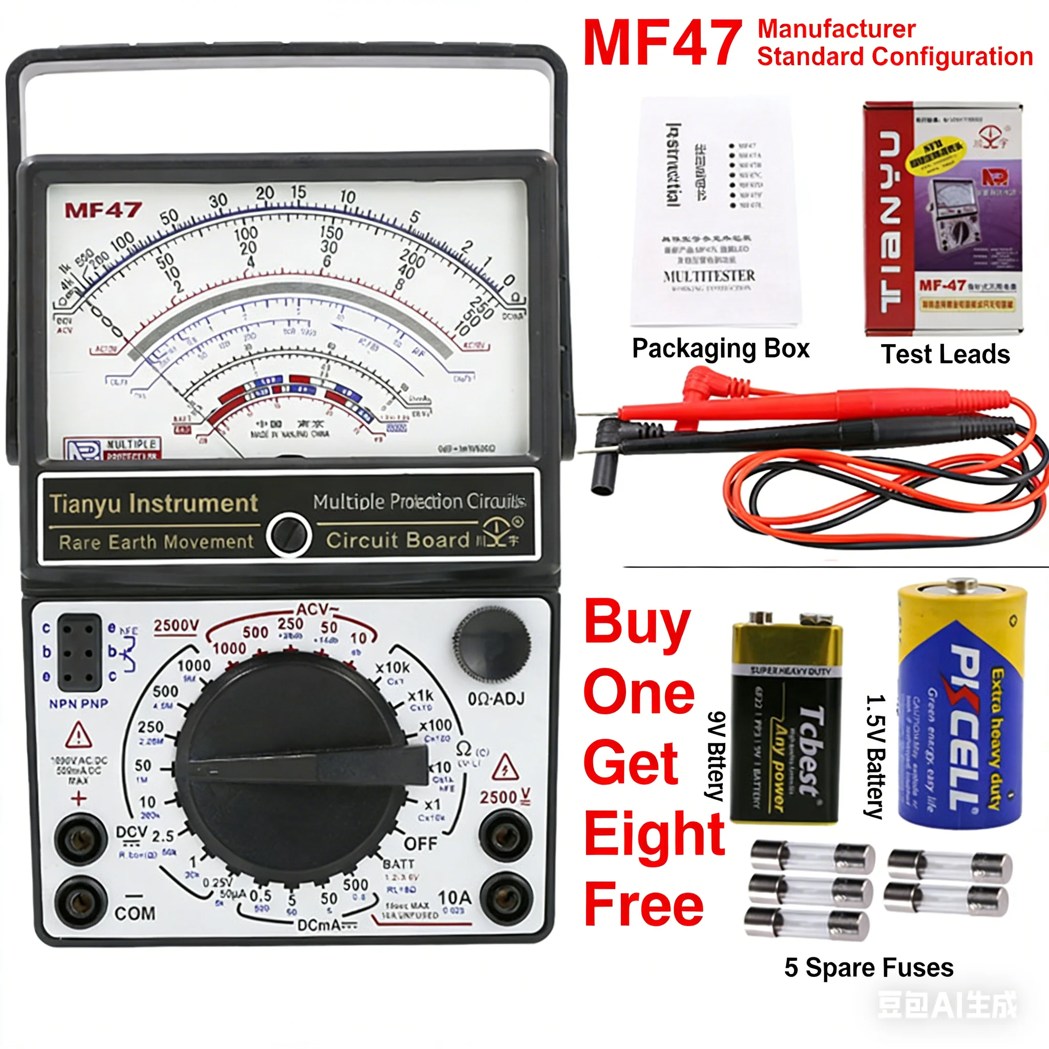 MF-47A pointer type multimeter, mechanical high-precision anti burning buzzer full protection multimeter