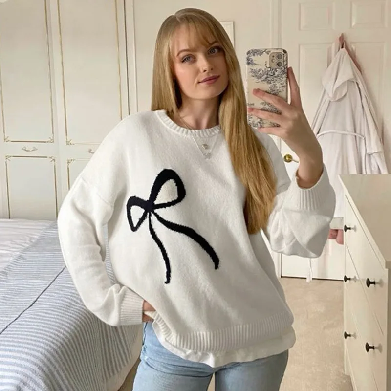 

Милый цветной контрастный лоскутный свитер с бантом для девочек, женский свободный вид, тонкая блузка с круглым вырезом