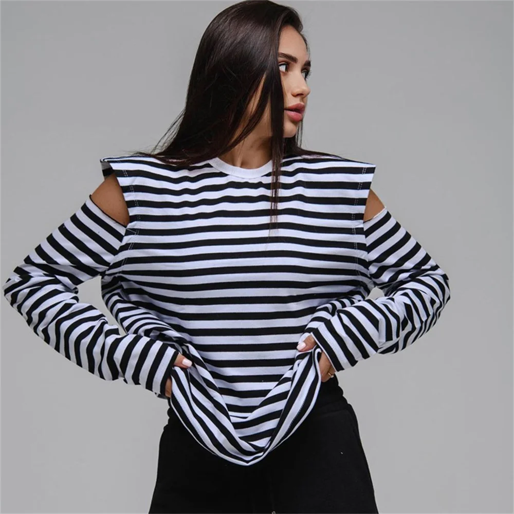 

Black Stripe Off Shoulder T-Shirt for Women Elegant O-Neck Long Sleeve T Shirts Female Spring Summer Causal Clothing Streetwear