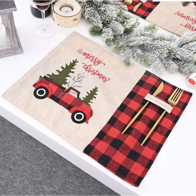 Christmas Tree Red Truck Placemats Table Mat Winter Buffalo Plaid Placemat Dining Home Xmas Table Decoration