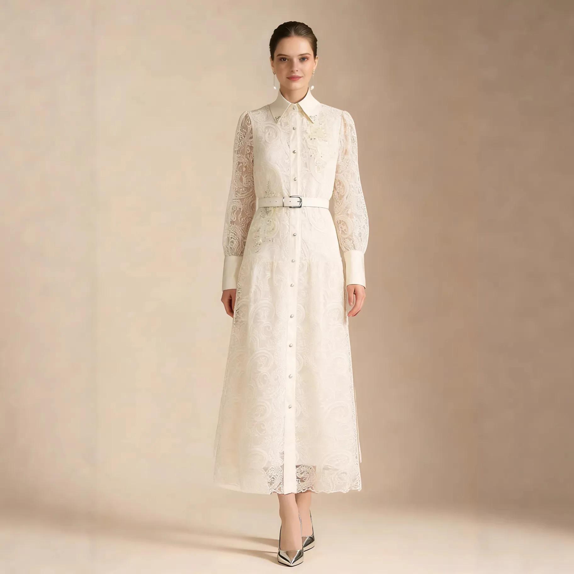French Beaded Lace Dress for Women Spring Summer Long Sleeve Embroidered Mesh Dresses