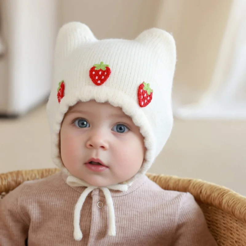 Winter Warm Ear Protection Hat Cute Strawberry Knitting Baby Earmuff Beanie For Infant Girl Windproof Cap Toddler Crochet Bonnet