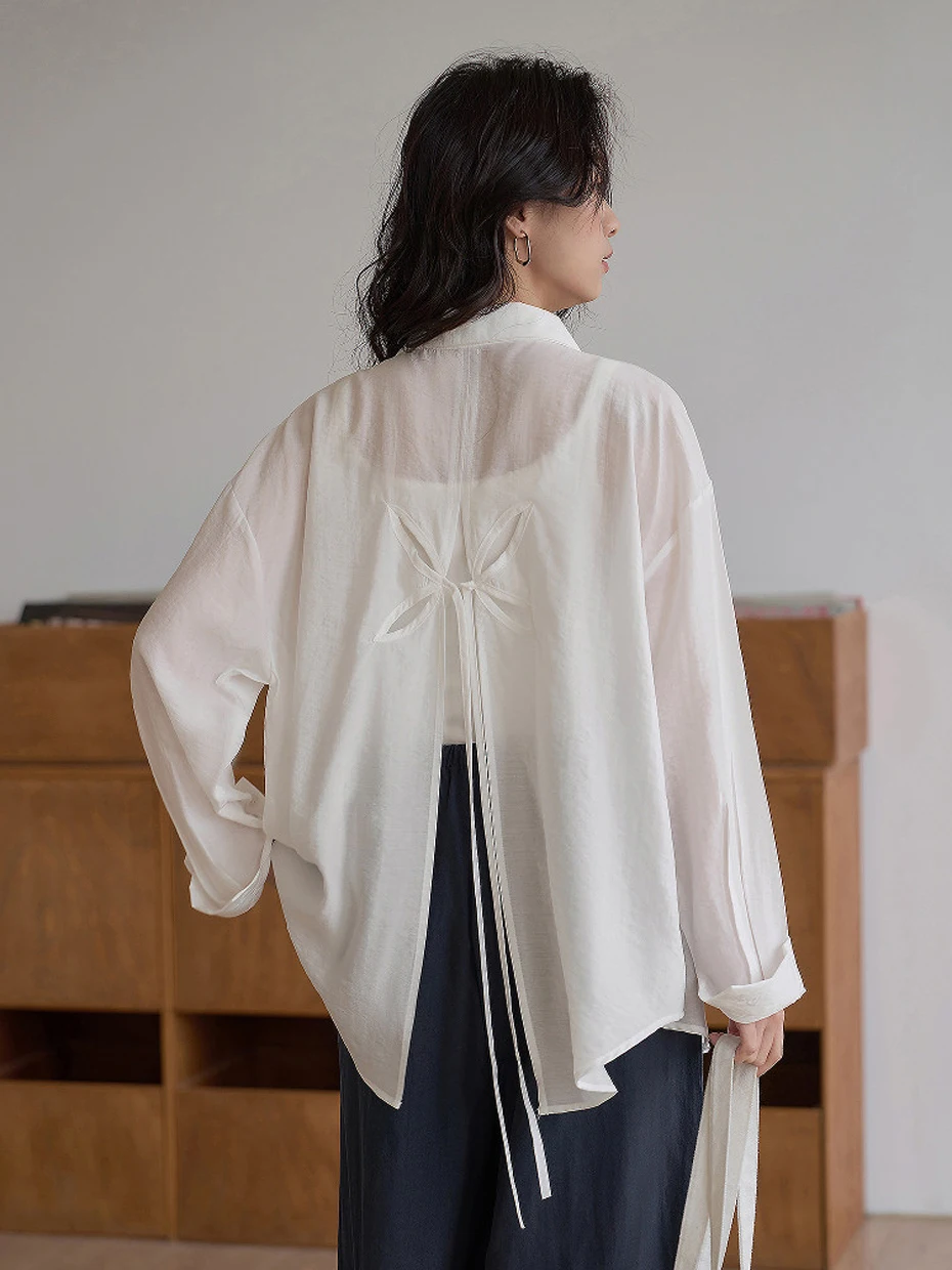 

White Long Sleeve Women's Shirt Summer New Loose Thin Hollow out Design Sun Protection Casual Style Polyester Fiber Shirt