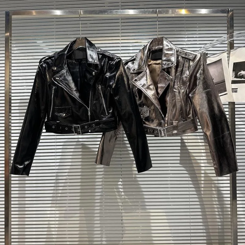Girls Leather Jacket Autumn New PU Leather Jacket Motorcycle Glossy Patent Leather Short Jacket Trendy