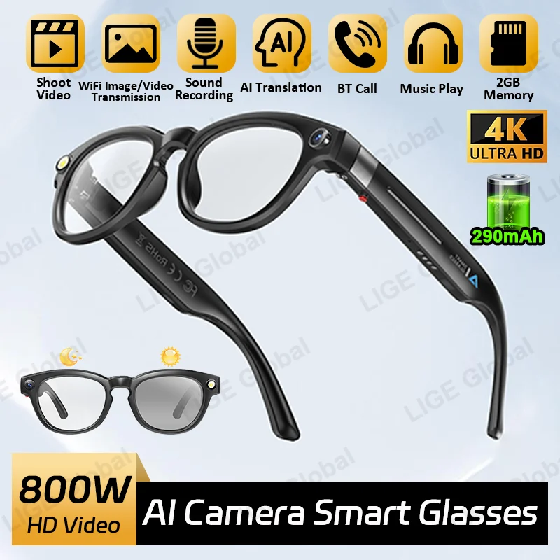 

LIGE 4K 800W Camera Glasses 290mAh Video Recording AI Recognition Translation Smart Glasses Bluetooth Call Photochromic Lenses