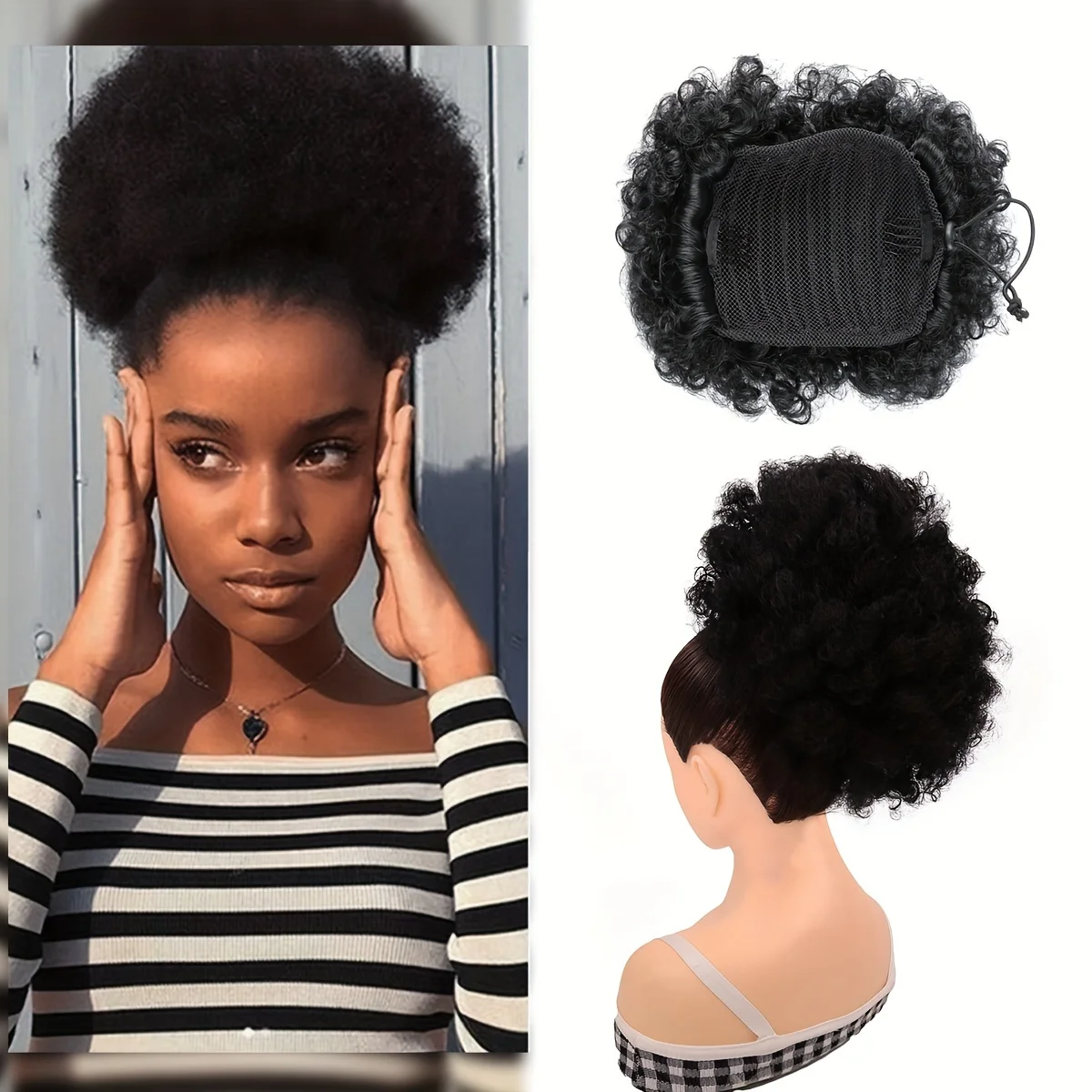 

Afro Puff Drawstring Ponytail Extension for Black Women, Premium Black Short Synthetic Afro Ponytail Clip On Kinky Curly Bun