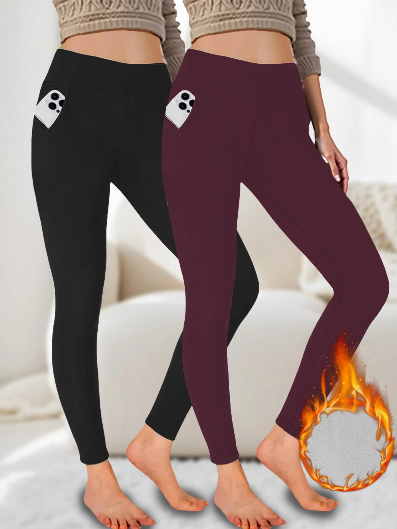 عبوتان من السراويل الضيقة الحرارية المبطنة بالصوف مع جيوب للنساء. تصميم عالي الخصر من القماش الناعم السميك مثالي للتدريبات الشتوية واليوجا #1