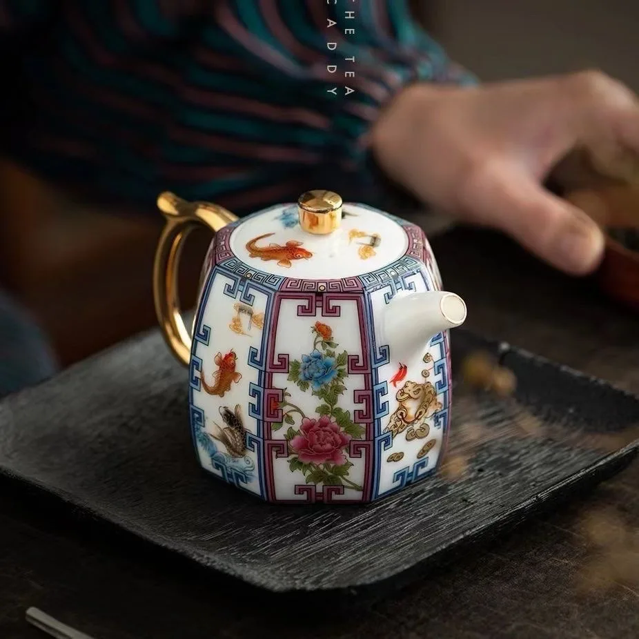 Enamel Colored Teapot Kung Fu Tea Set Tea Maker Chinese White Drawn Gold Teapot New Porcelain Hexagonal Teapot with Filter