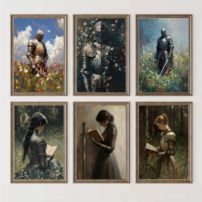 Vintage Dark Academia Medieval Knight in Wildflower Meadow Fantasy Sword Poster Canvas Painting Wall Art Pictures Home Decor