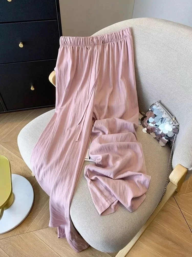 Casual Loose Thin Ice Silk Straight Leg Pants Women Summer Slimming Wide Leg Trousers Pants Korean High Waist Lace-up Elastic