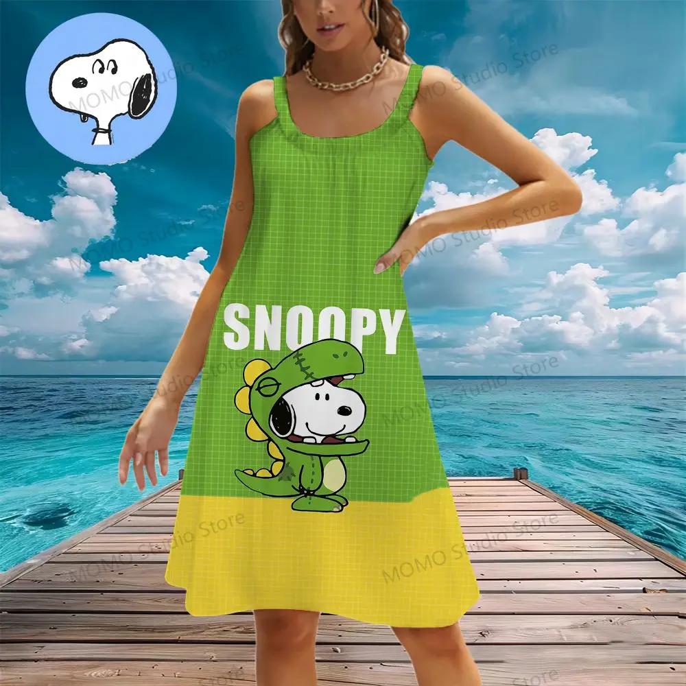 Vestido playero Kawaii para mujer, S-3XL de Snoopy, ropa juvenil Y2k con tirantes, moda Bohemia, 2024