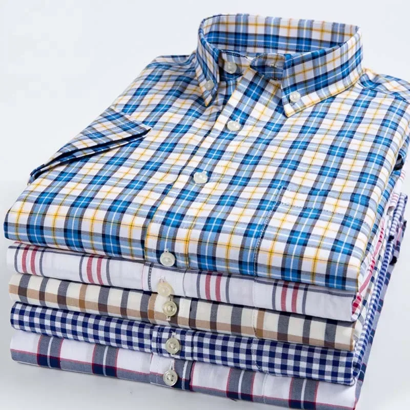 Hight qulity 100%cotton thin summer Casual short sleeve shirts for men slim fit formal plain white soft office plaid clothes