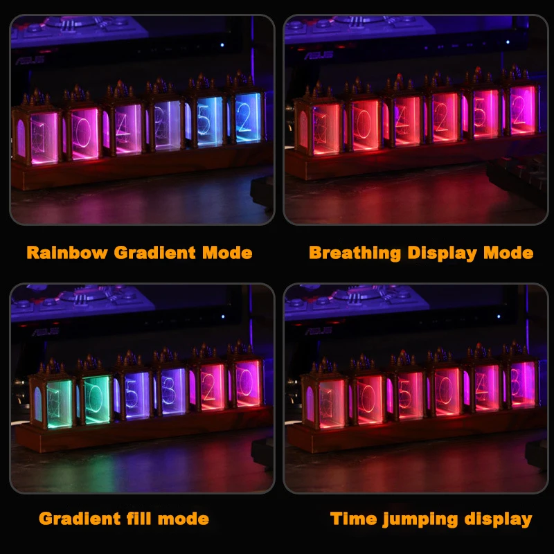 Cyberpunk Nixie Tube Clock Night Lights, RGB Glow Tube Clock, Candeeiro de mesa LED de madeira, Alarme digital, Decoração de sala de jogos