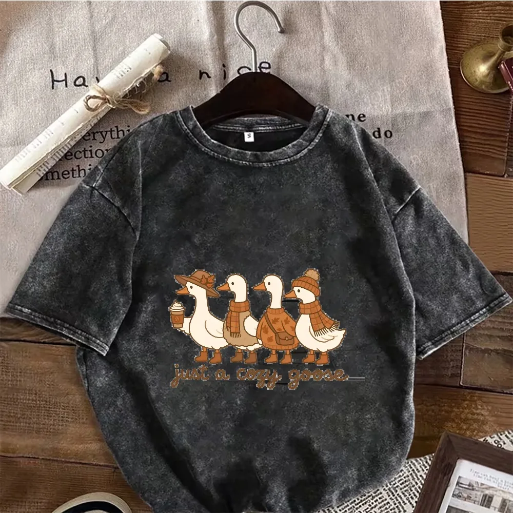 Funny Duck on Toilet Graphic T-shirt Novelty Aesthetic Streetwear Unisex Oversized Summer Cotton Washed Retro Tee Clothing Tops