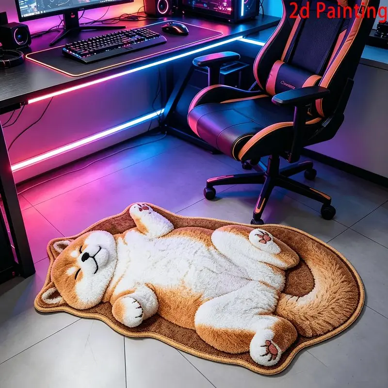 VIKAMA Simulation Reclining Shiba Inu Shaped Plush Long Carpet Foyer Bathroom Living Room Cute Cartoon Home Floor Mat