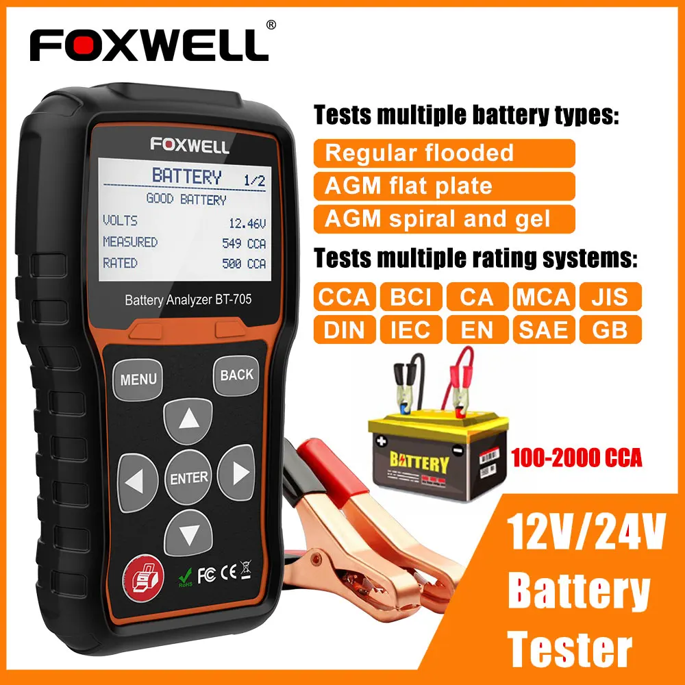 

FOXWELL BT705 12V 24V Battery Tester 100-2000 CCA Charging Cranking System for CarsTrucks Battery Analyzer Diagnostic Tools