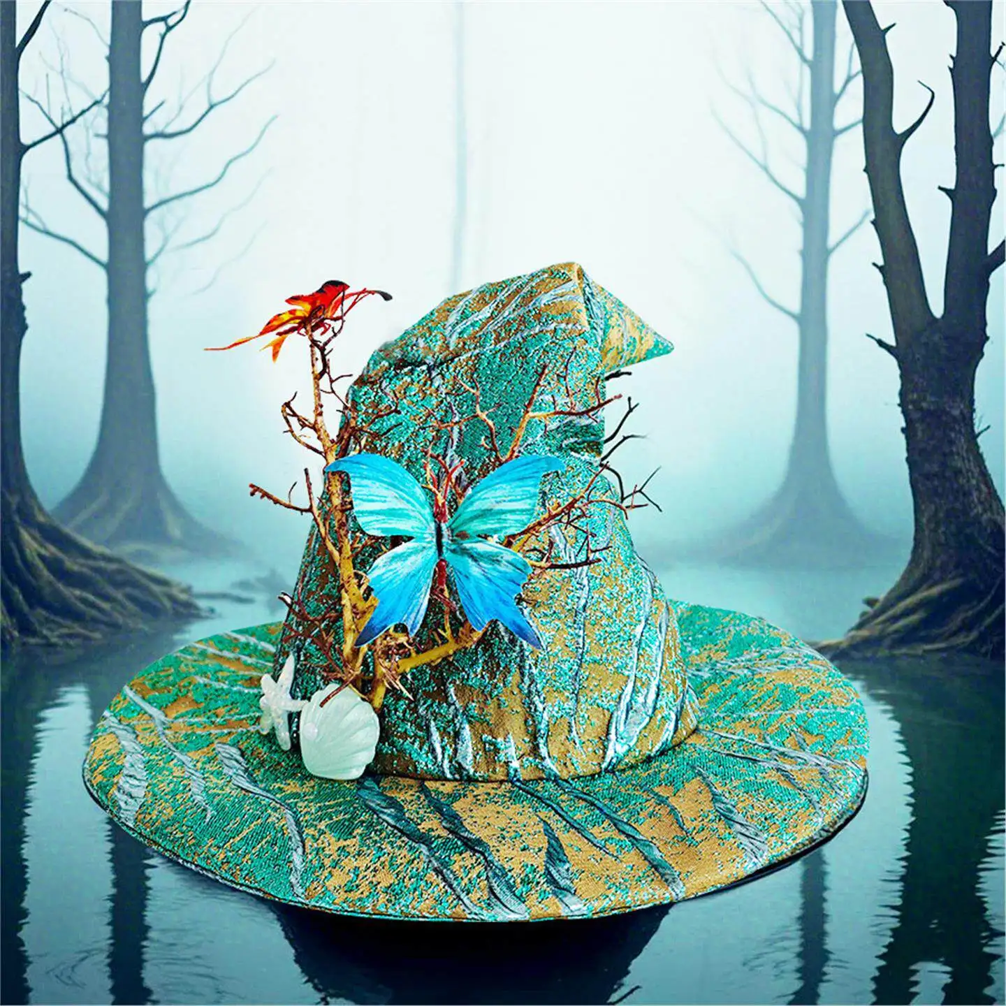 グリーンバタフライパーティーハロウィン魔女帽子マジックコスプレ小道具レトロスタイルポリエステル繊維ユニセックスオールシーズンカプセルアクセサリー