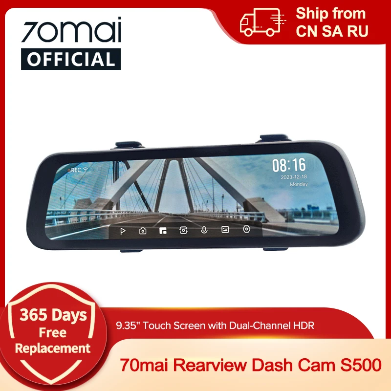 9.35 Inch Full Screen 70mai Rearview Dash Cam S500 1944P Auto Cam 138FOV 70mai S500 Mirror Car Recorder Stream Media Car DVR