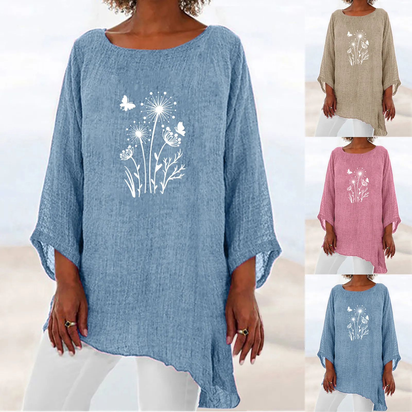 Summer Shirt Women Plus Size Dandelion Butterfly Print Three Quarter Sleeve Cotton Linen Top Oversized Women Tops Summer Tunics