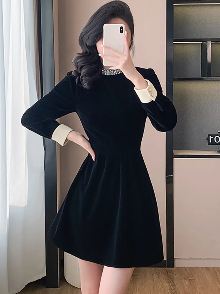 女性韓国ヴィンテージヘップバーン風プロムドレス秋冬ブラックベルベットダイヤモンドスタンドカラードレス2025エレガントボディコンパーティードレス