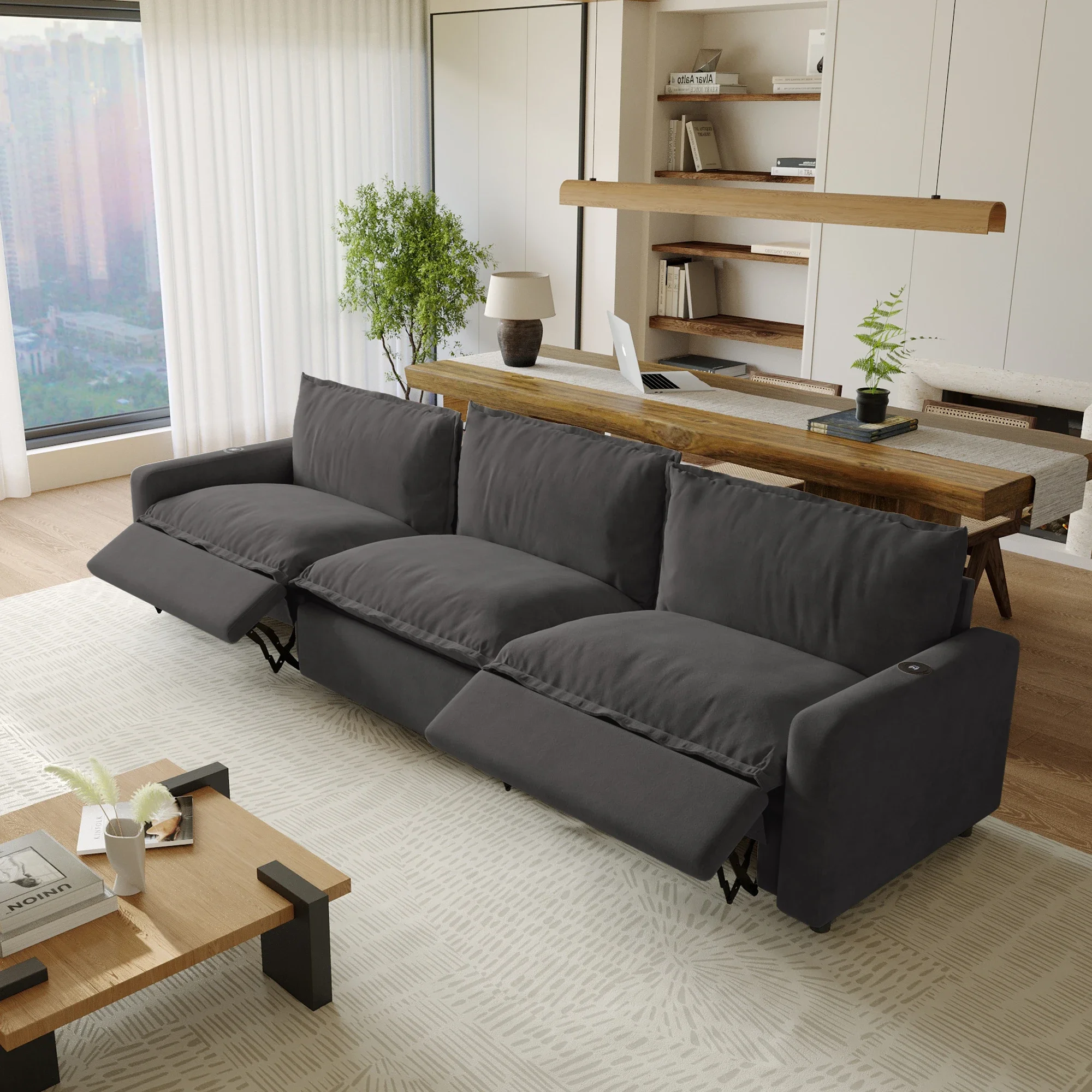 Functional Recliner Electric Adjustable Dark Gray Multi-port Charging Living Room Modular Sectional Sofa Couch Set