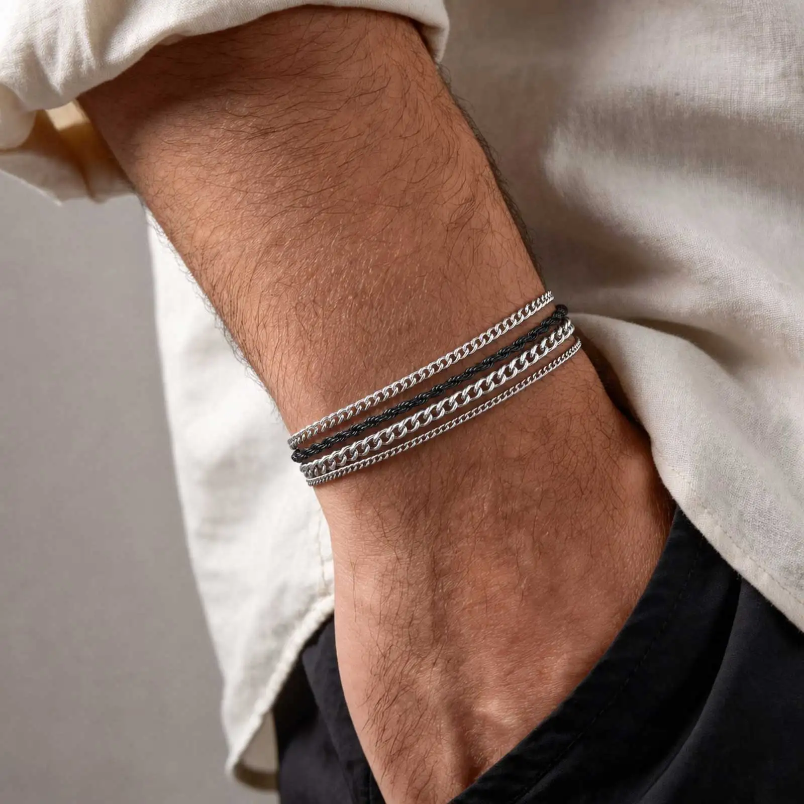 4-teiliges Kettenarmband-Set für Männer und Frauen, Edelstahl Gedrehte Seil-Kubanische Kette Armband, Hip-Hop Minimalistischer Schmuck Geschenk – Detail 3