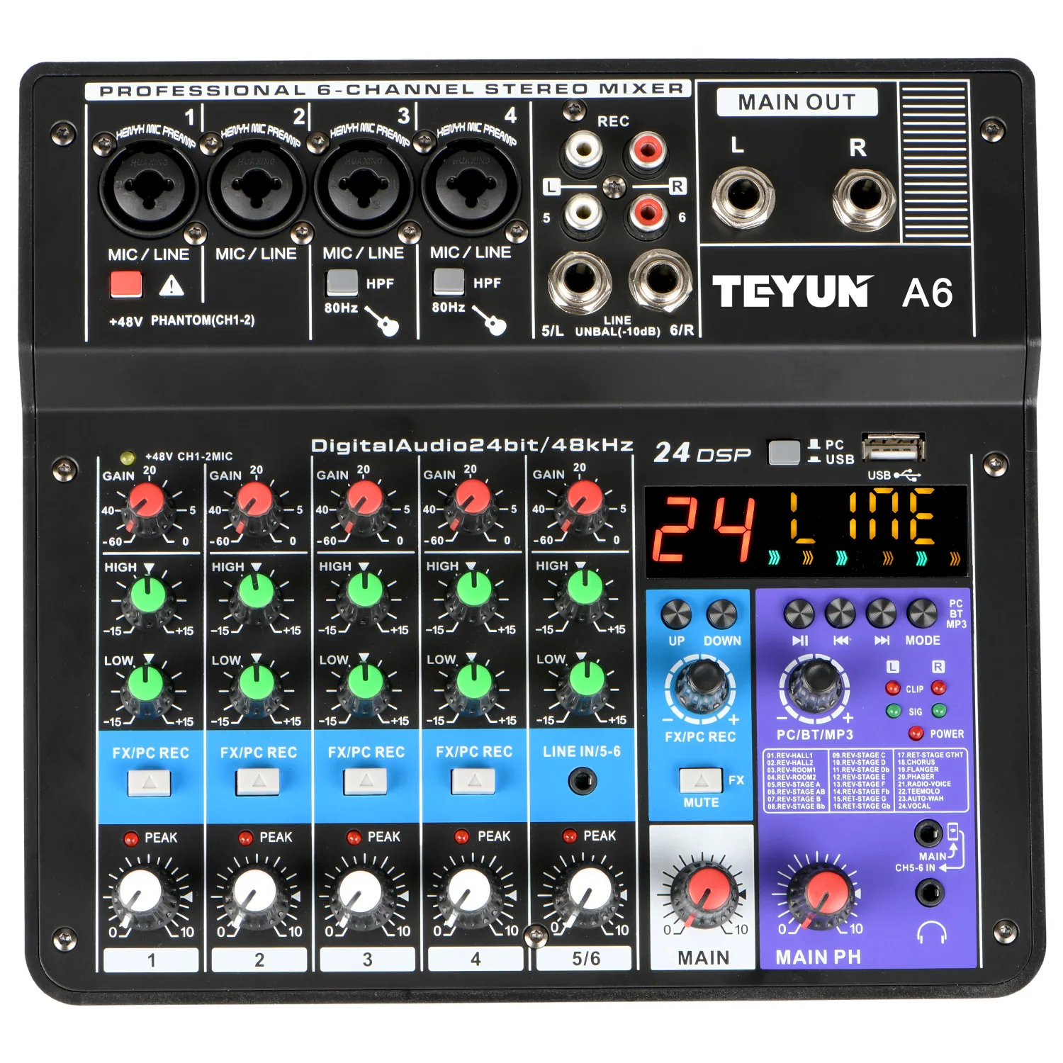 

TEYUN A6 Sound Mixing 6 Channels Blustooth Mobile USB Record Computer Playback 48v Phanton Power Input Audio Mixer